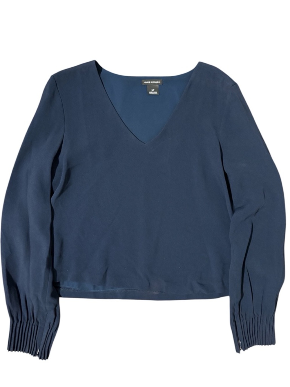 Club Monaco Navy V-Neck Blouse Size S Cropped Pleated Sleeve Zip Cuffs